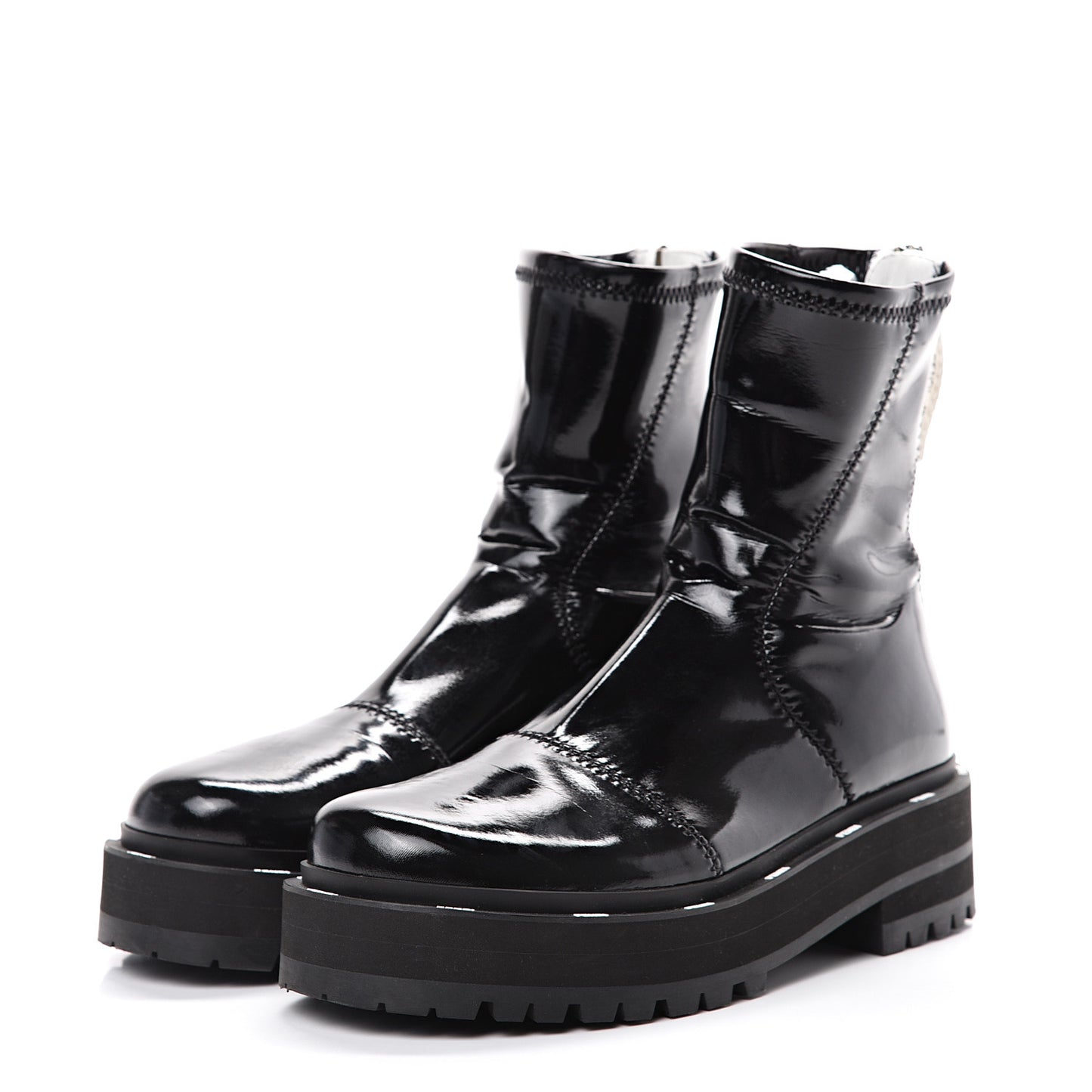 Shiny Stretch Nylon Platform Zip Biker Boots 37 Black
