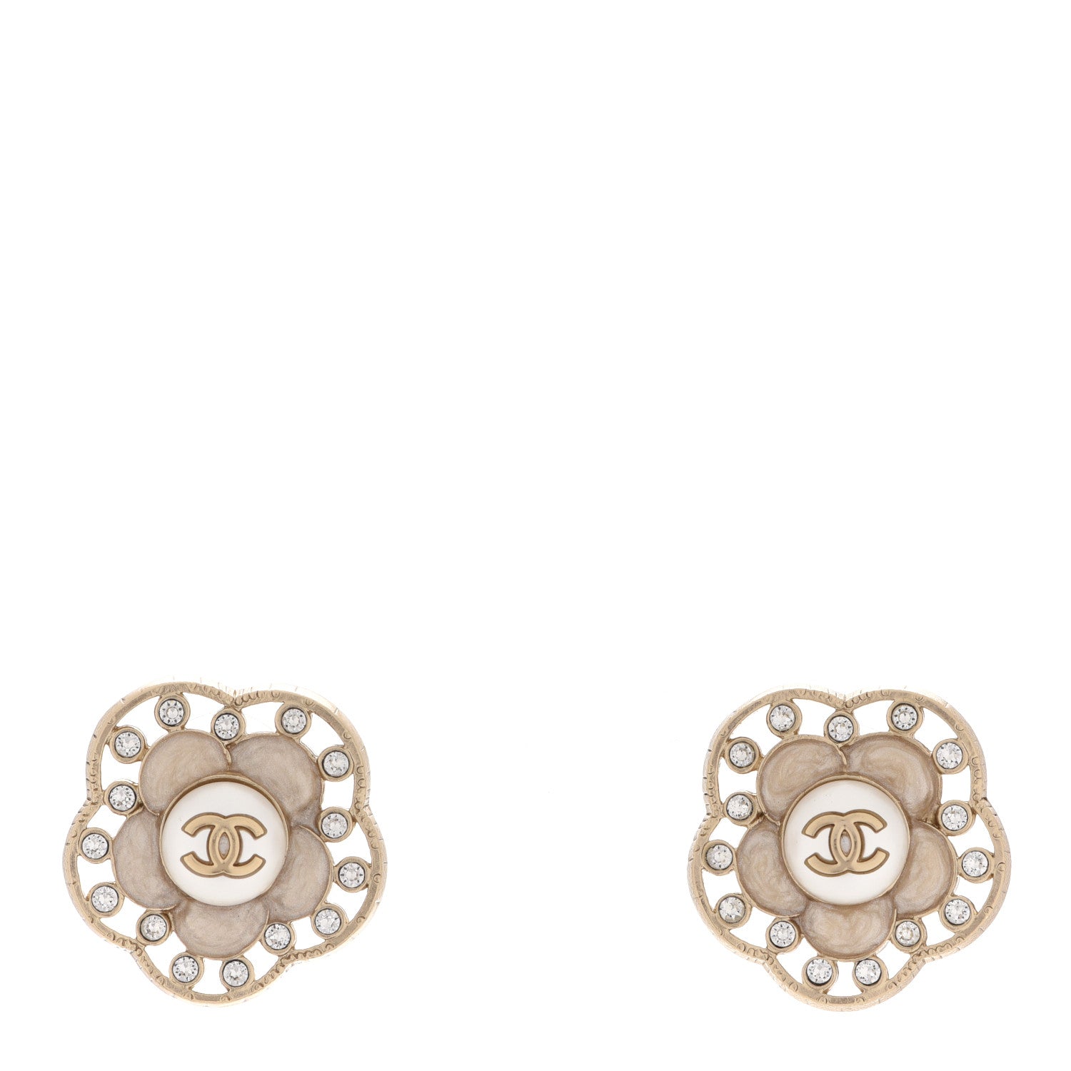 Chanel Enamel Crystal Pearl CC Camellia Earrings Pink Gold 1 of 5