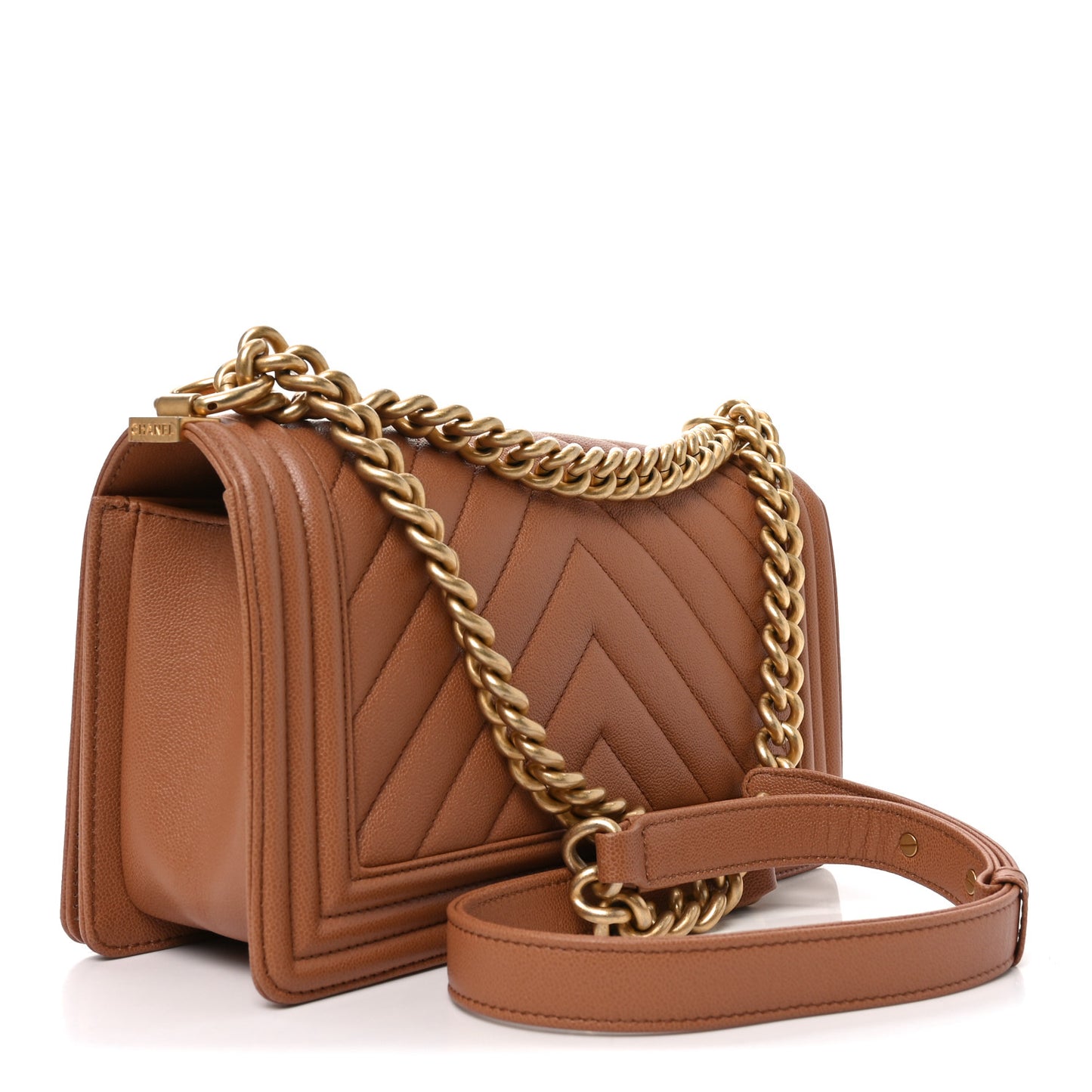 Caviar Chevron Quilted Medium Boy Flap Brown