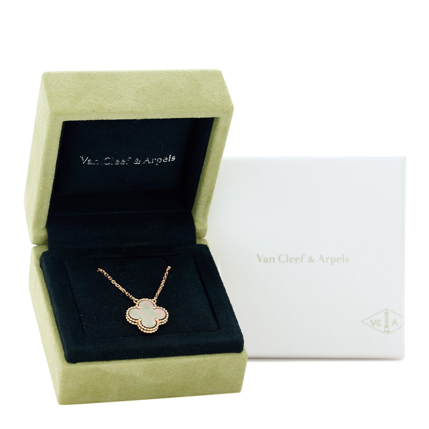 18K Rose Gold Gray Mother of Pearl Vintage Alhambra Pendant Necklace