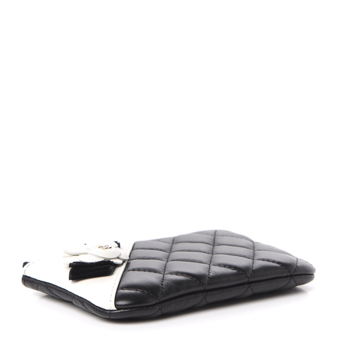 Lambskin Quilted Small Camellia Cosmetic Pouch Black White