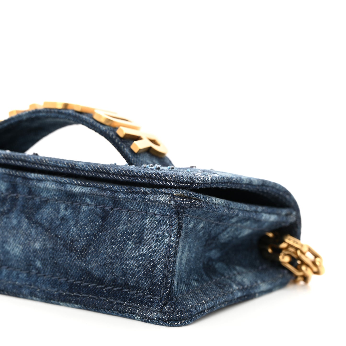 Denim Embroidered Mini J'Adior Chain Flap Bag Blue
