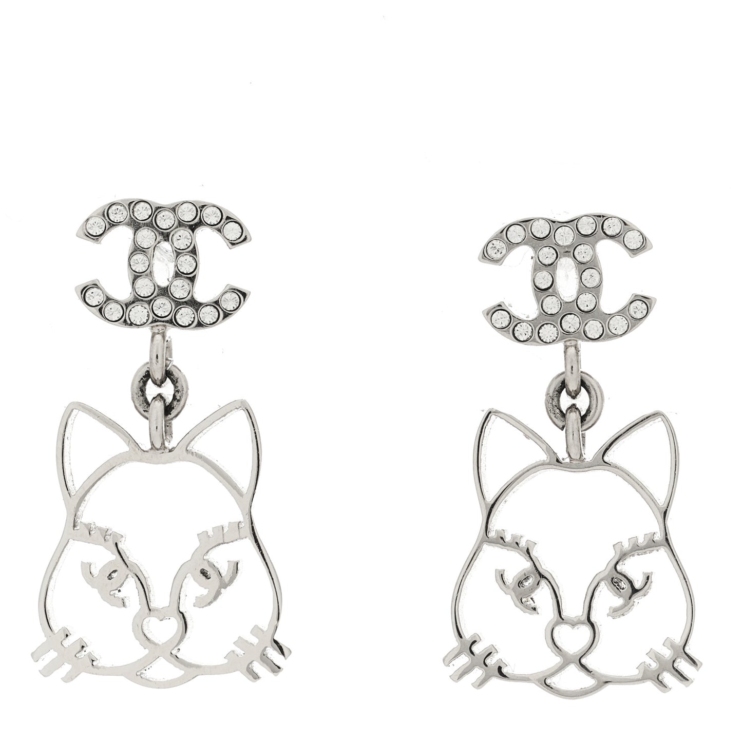 Crystal Emoji Choupette Cat CC Earrings Silver