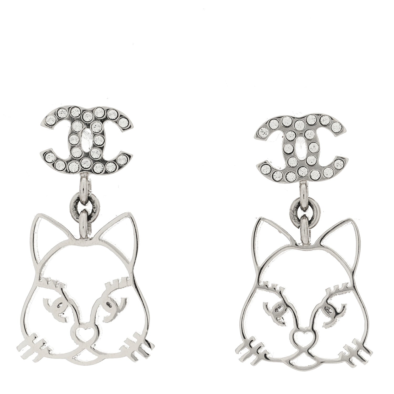 Chanel Crystal Emoji Choupette Cat CC Earrings Silver 1 of 5