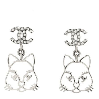 Chanel Crystal Emoji Choupette Cat CC Earrings Silver 1 of 5