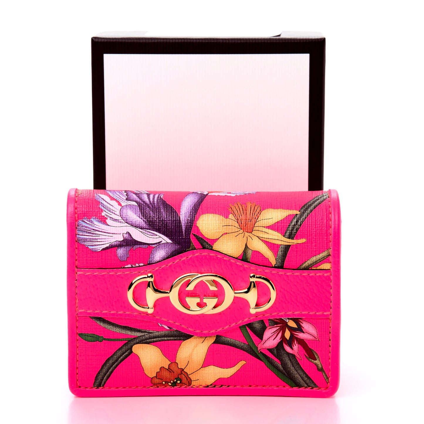 Calfskin Flora Print Zumi Card Case Fuxia Fluo