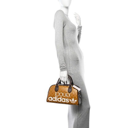 Gucci X ADIDAS Crystal Vintage Monogram Textured Dollar Calfskin Web Trefoil Logo Mini Bowling Bag Mid Natural Nut Off White New Acero 2 of 10