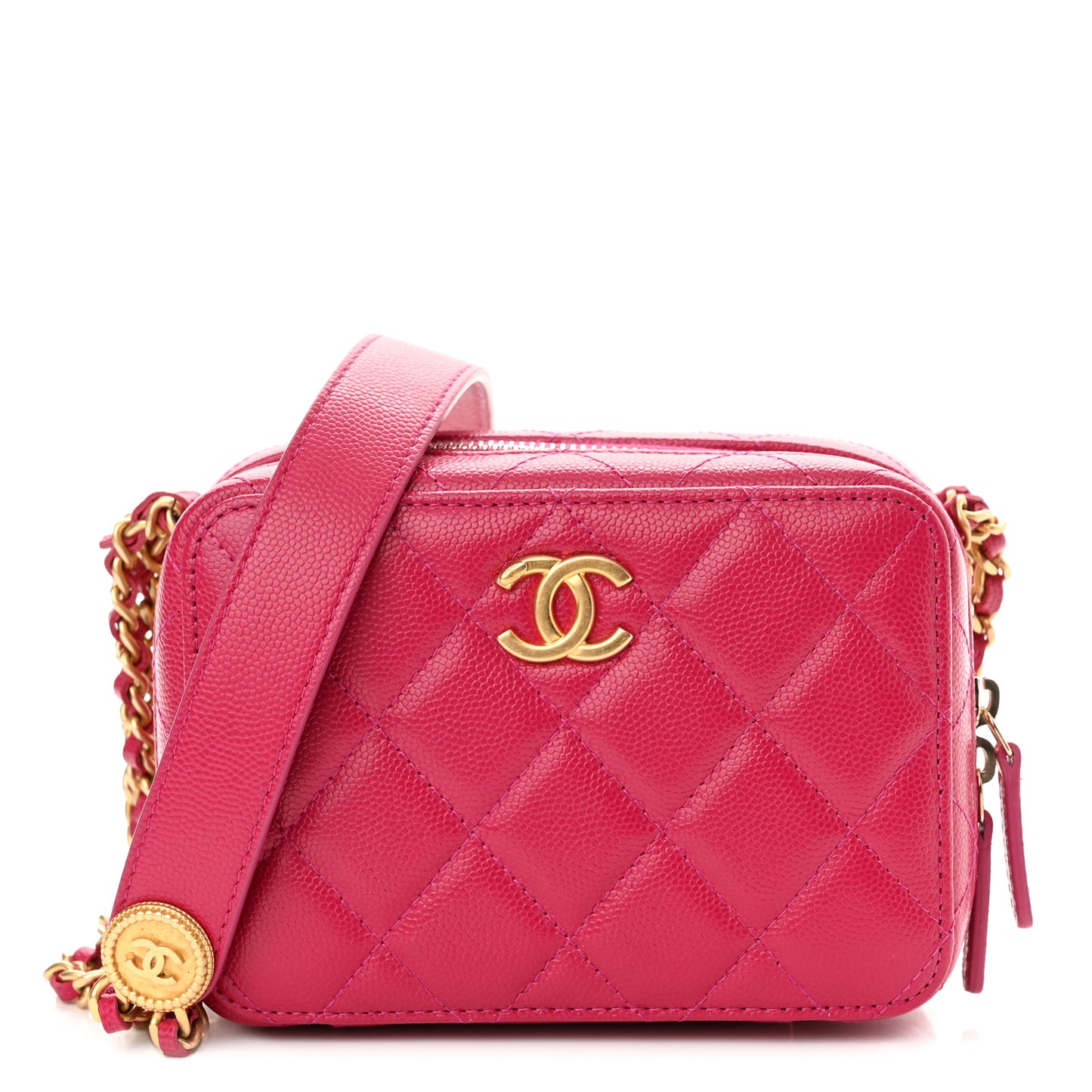 Caviar Quilted Twist Your Buttons Clutch With Chain Fuchsia