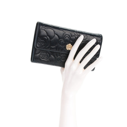 Chanel Lambskin Embossed Camellia Flap Wallet Black 2 of 8