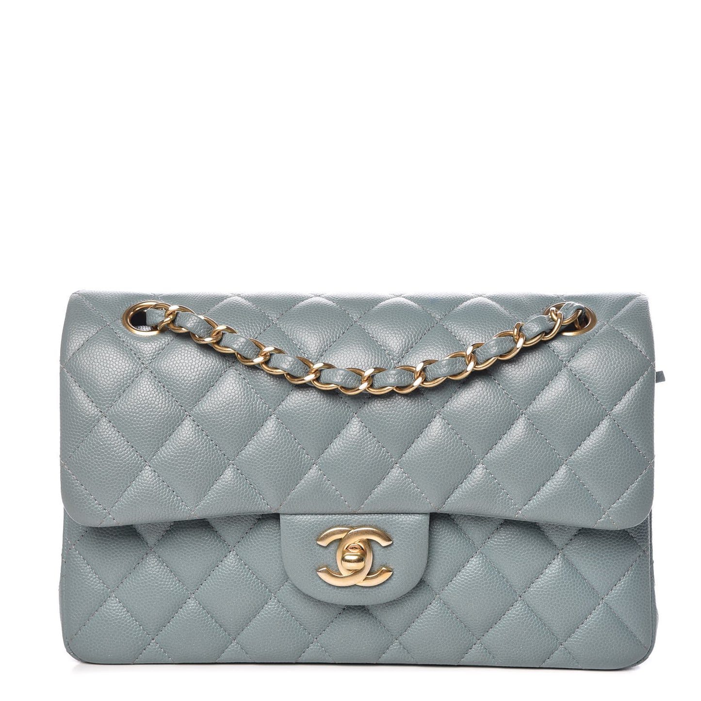 Iridescent Caviar Quilted Small Double Flap Light Blue