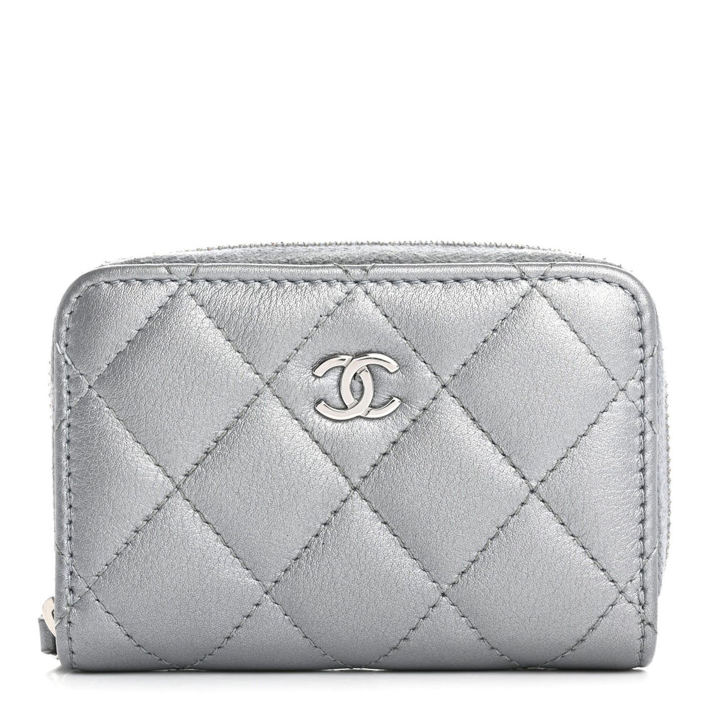 Iridescent Calfskin Quilted Zip Coin Purse Wallet Light Blue