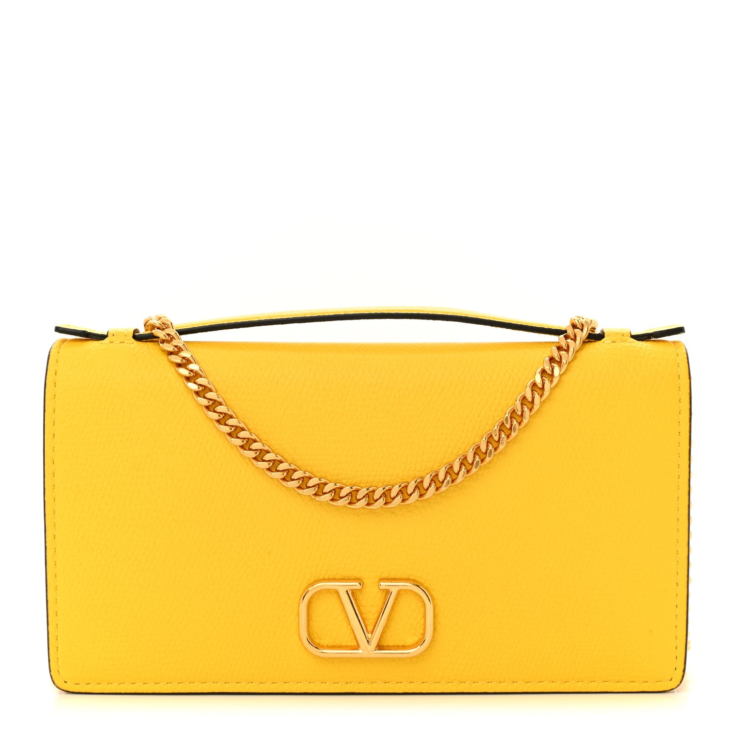Valentino Garavani Grainy Calfskin VLogo Top Handle Wallet With Chain Bright Lemon 1 of 9