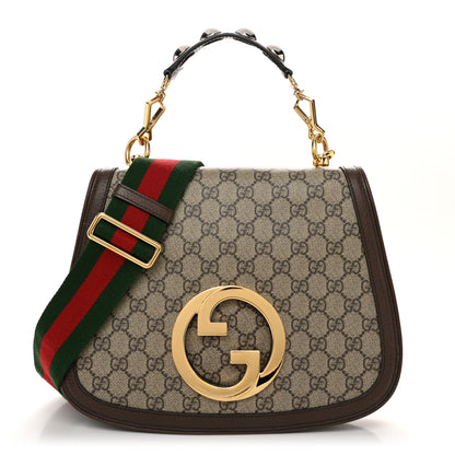 Gucci GG Supreme Monogram Textured Dollar Calfskin Web Medium Blondie Top Handle Shoulder Flap Bag Beige Ebony New Acero 1 of 11