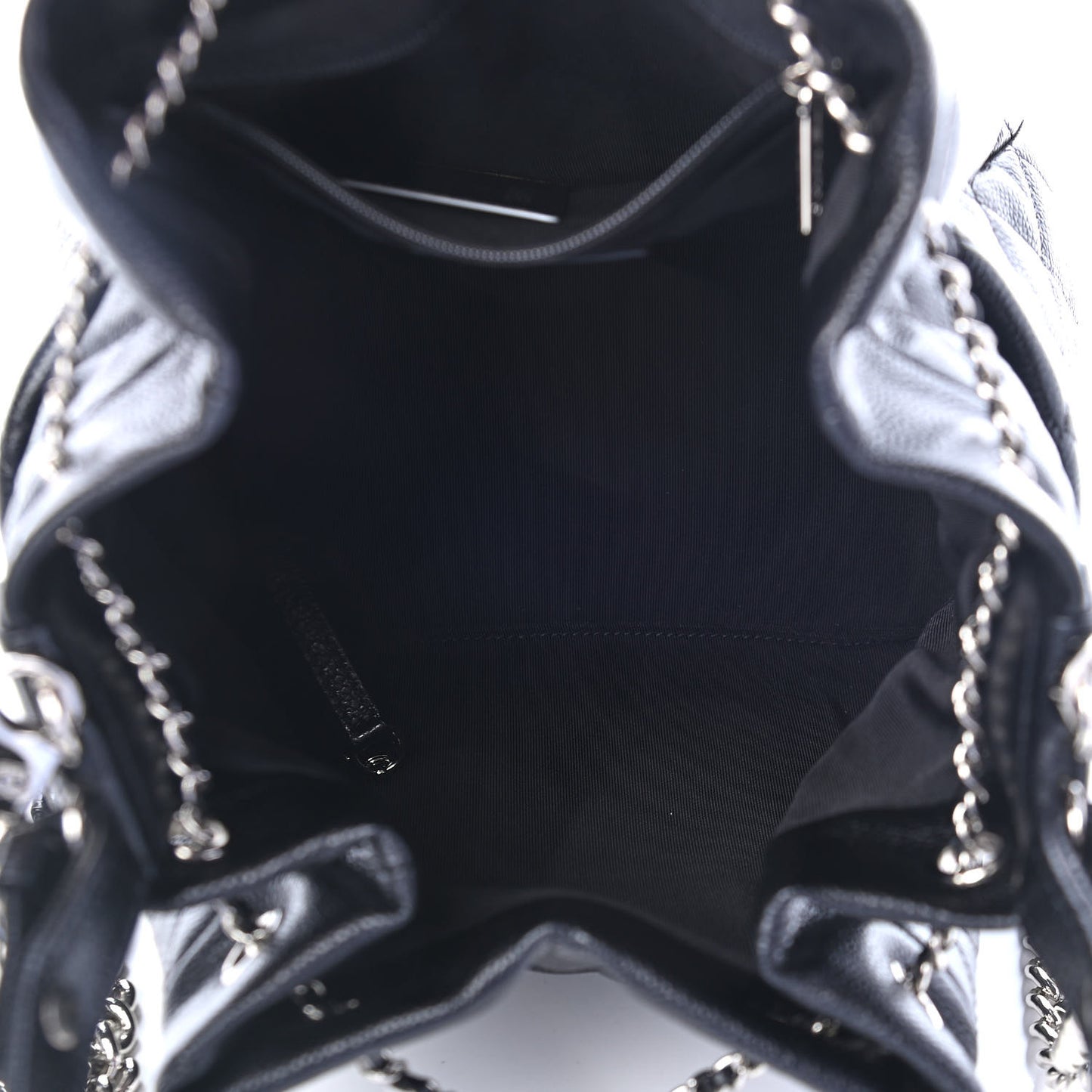 Caviar Flat Quilted CC Chain Bucket Drawstring Bag Black