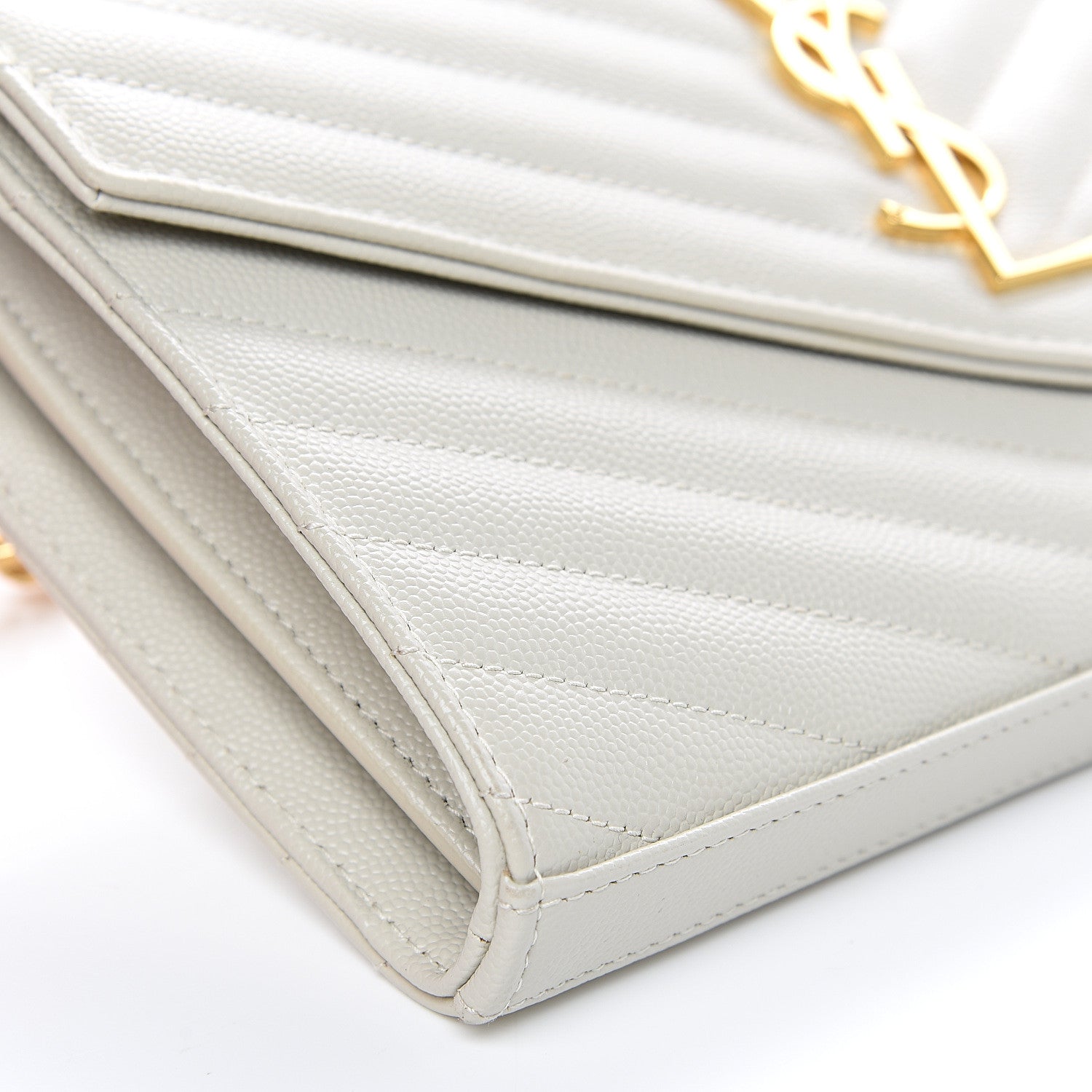 Saint Laurent Grain De Poudre Matelasse Chevron Monogram Chain Wallet Cream 8 of 11