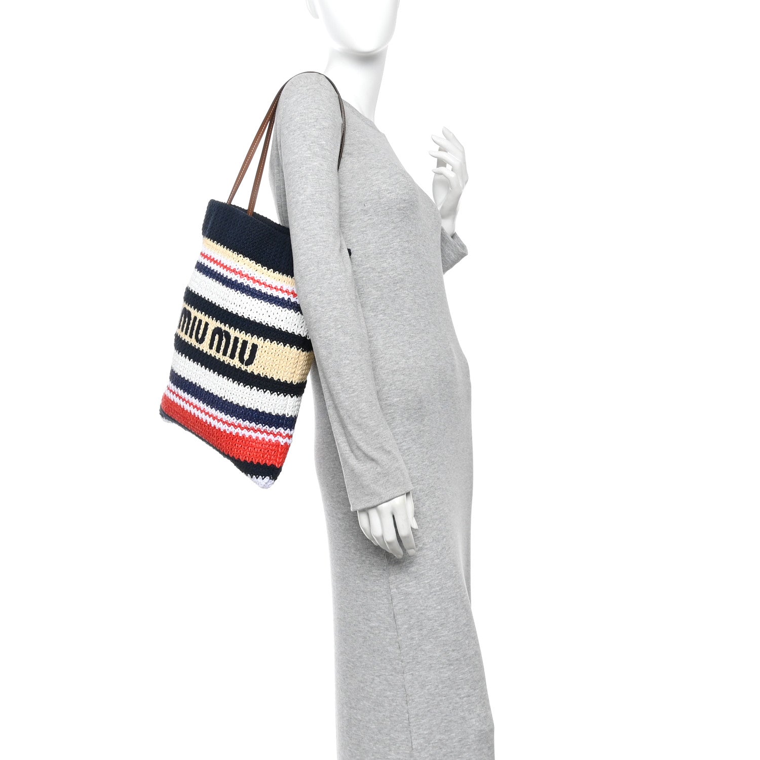 Miu Miu Raffia Crochet Stripe Vertical Tote Bag  Blue Red Natural 2 of 9