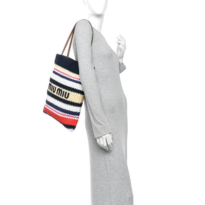 Miu Miu Raffia Crochet Stripe Vertical Tote Bag  Blue Red Natural 2 of 9
