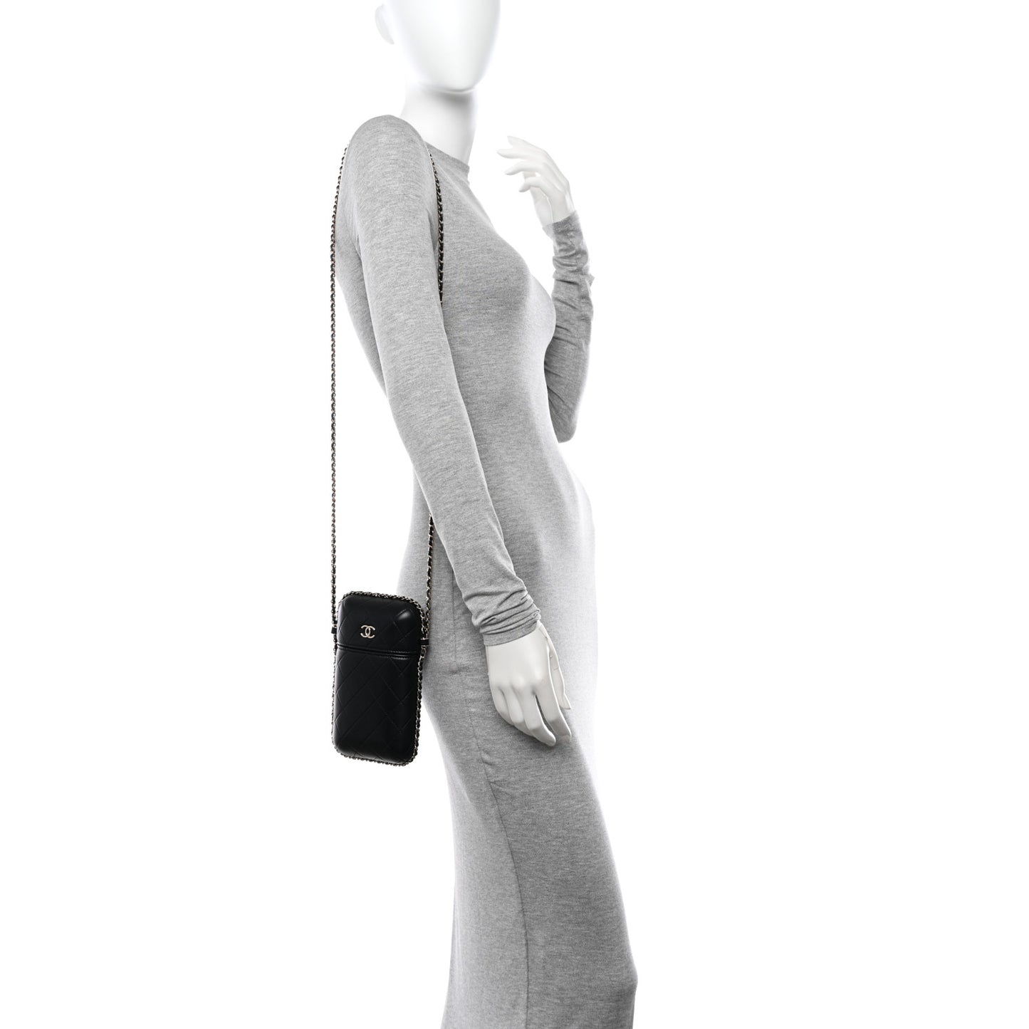 Lambskin Quilted Chain Around Phone Holder Black