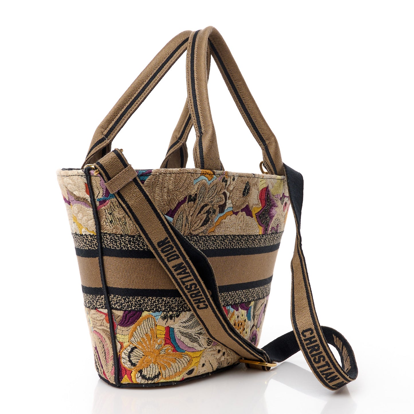 Canvas Embroidered Butterfly Brocart Hat Basket Bag Beige Multicolor