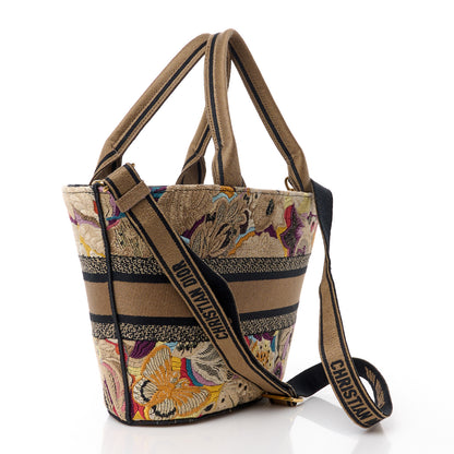 Christian Dior Canvas Embroidered Butterfly Brocart Hat Basket Bag Beige Multicolor 4 of 15