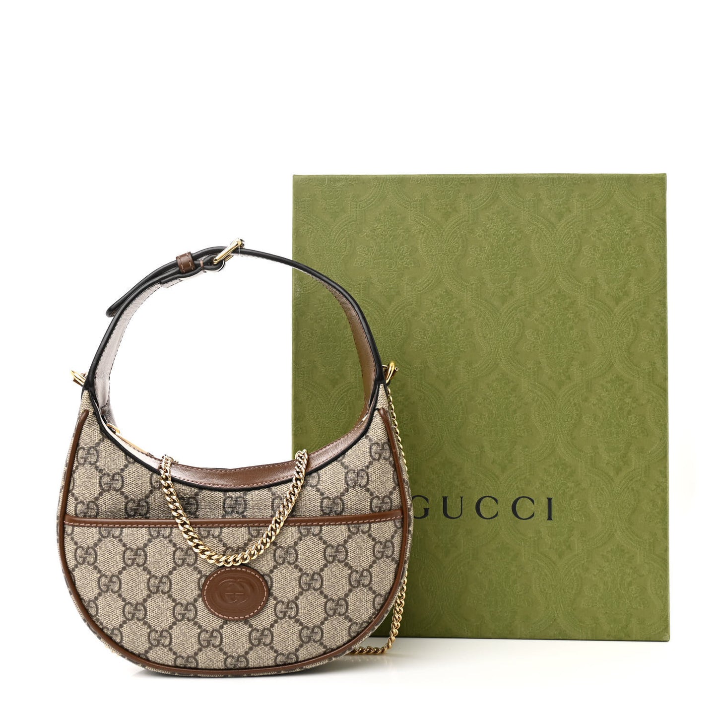 GG Supreme Monogram Azalea Calfskin Mini Retro Interlocking G Half Moon Bag Beige Ebony Brown Sugar