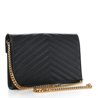 Saint Laurent Grain De Poudre Matelasse Chevron Monogram Chain Wallet Black 3 of 8