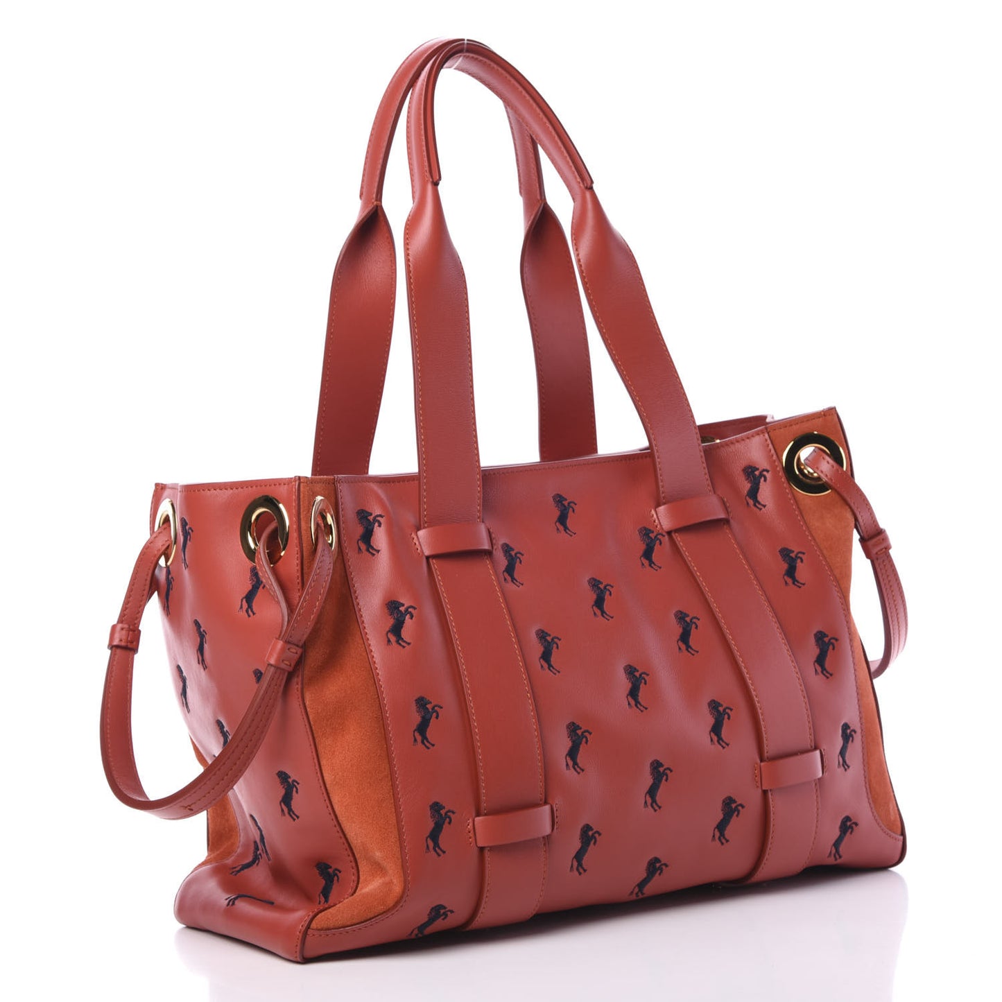 Smooth Calfskin Little Horses Embroidered Tao Zipped Tote Earthy Red