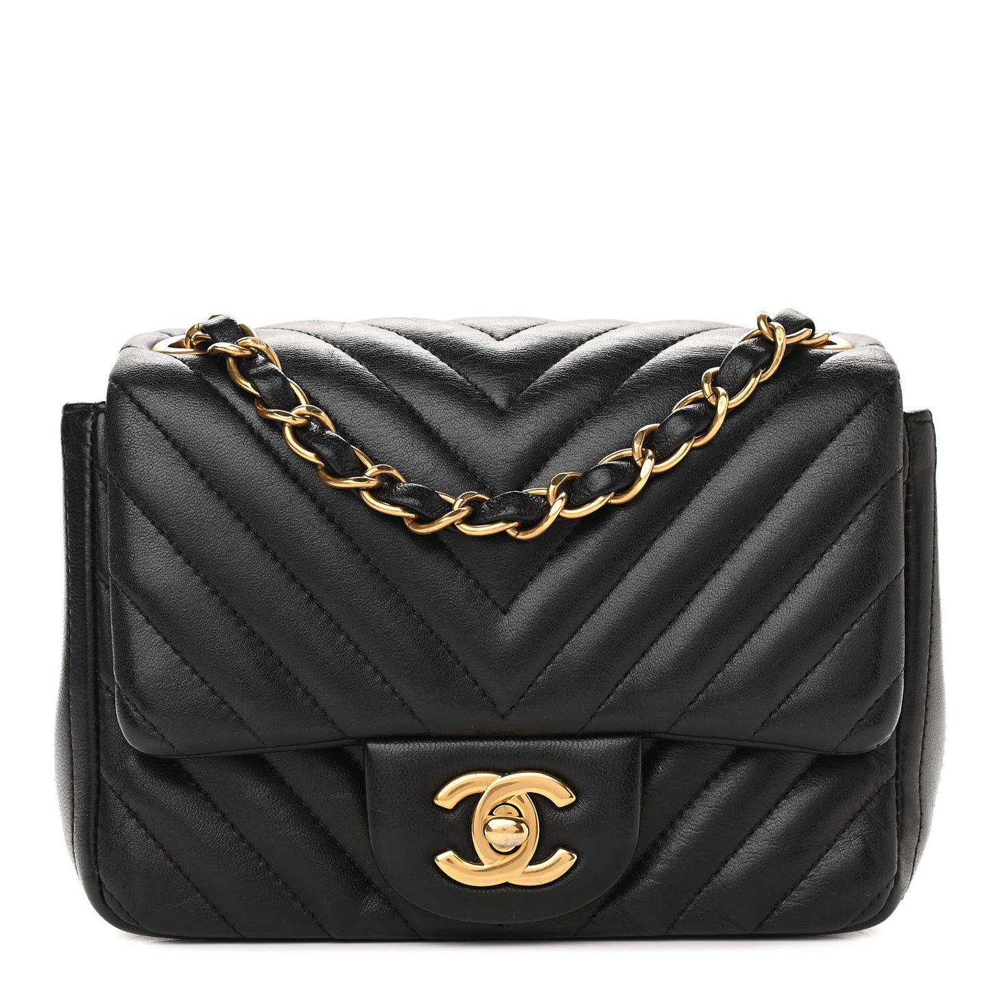 Lambskin Chevron Quilted Mini Square Flap Black