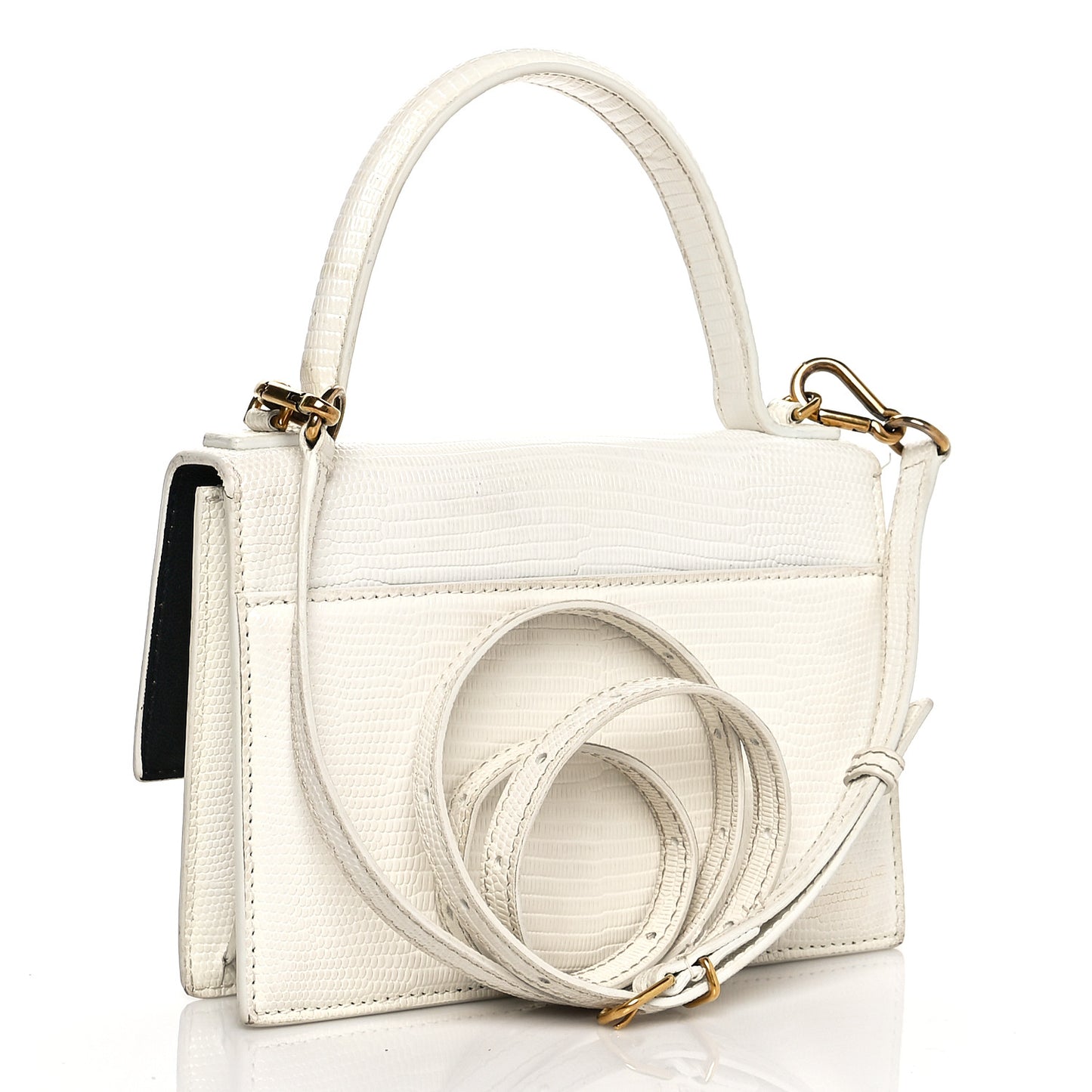 Patent Calfskin Lizard Embossed XS Sharp Top Handle Bag White