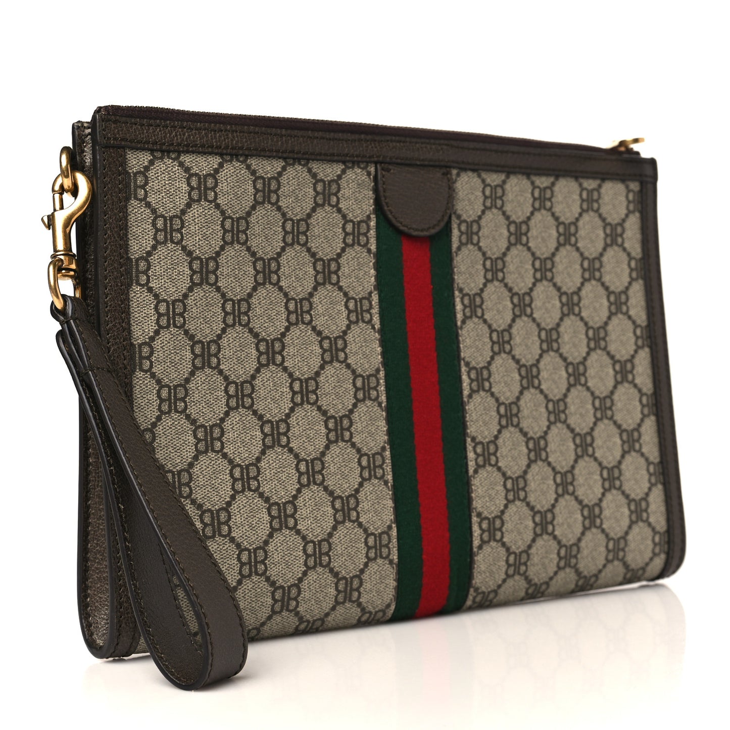 X BALENCIAGA BB Supreme Monogram Web Ophidia Wristlet Beige New Acero