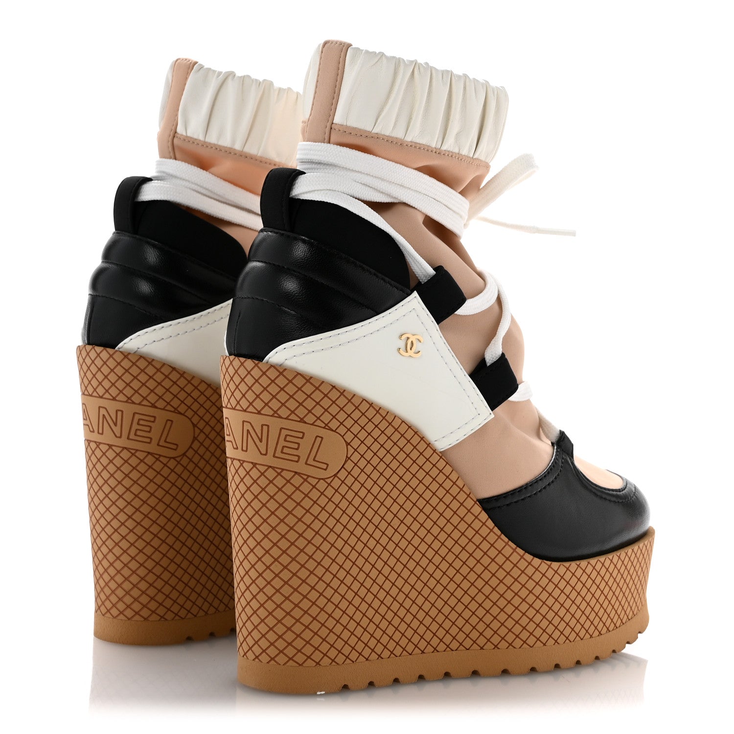 Chanel Fabric Lambskin Calfskin Runway Wedge Short Platform Boots 35.5 Black White Beige 5 of 10