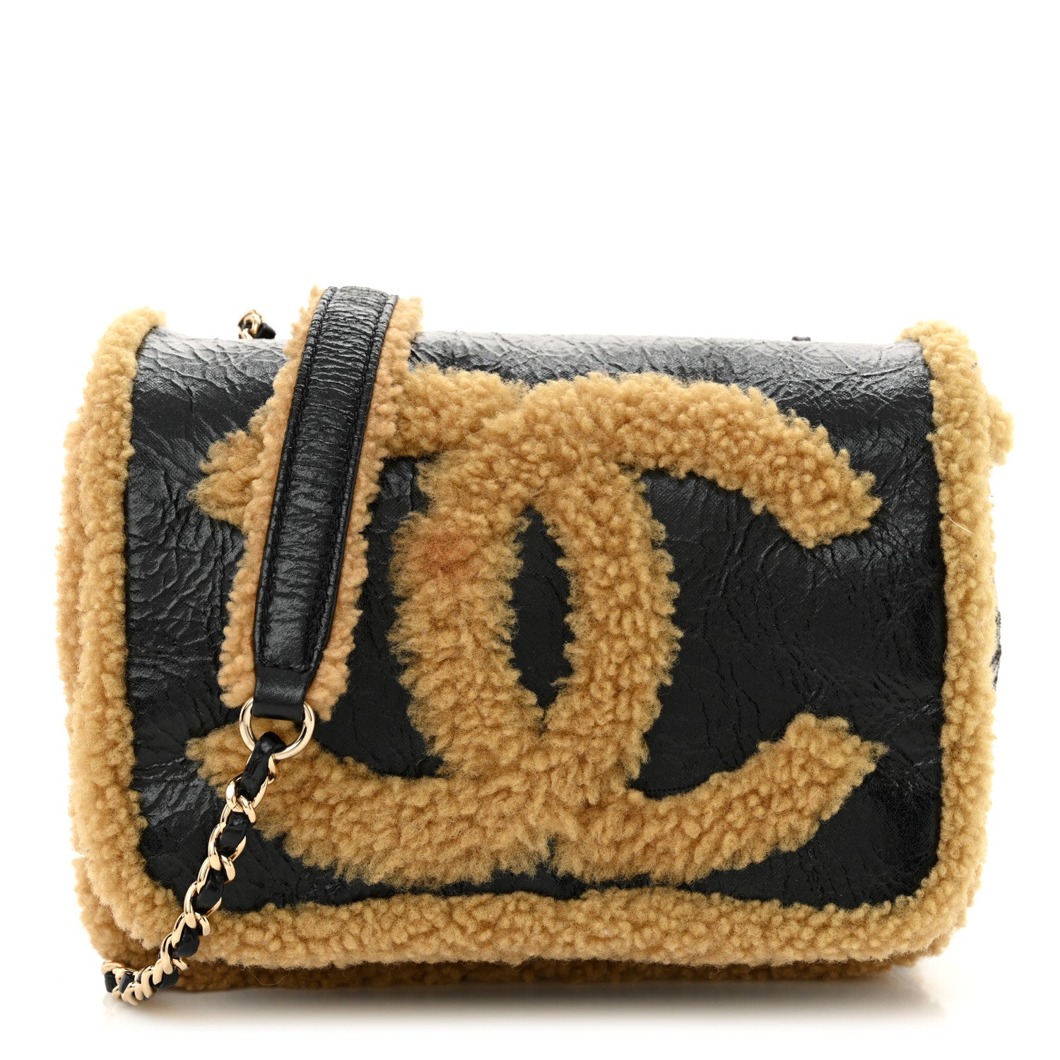 Chanel Shiny Crumpled Sheepskin Shearling CC Mania Flap Bag Black Beige 1 of 11