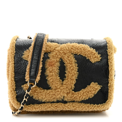 Chanel Shiny Crumpled Sheepskin Shearling CC Mania Flap Bag Black Beige 1 of 11