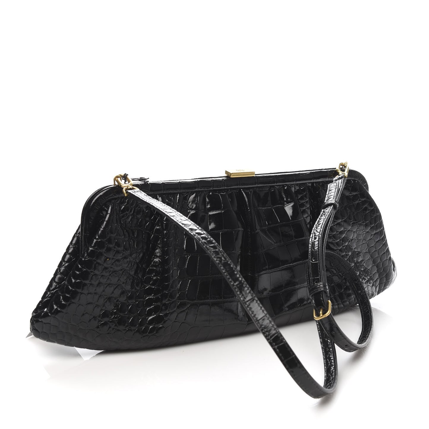Shiny Supple Calfskin Logo Crocodile Embossed XL Cloud Clutch Black White