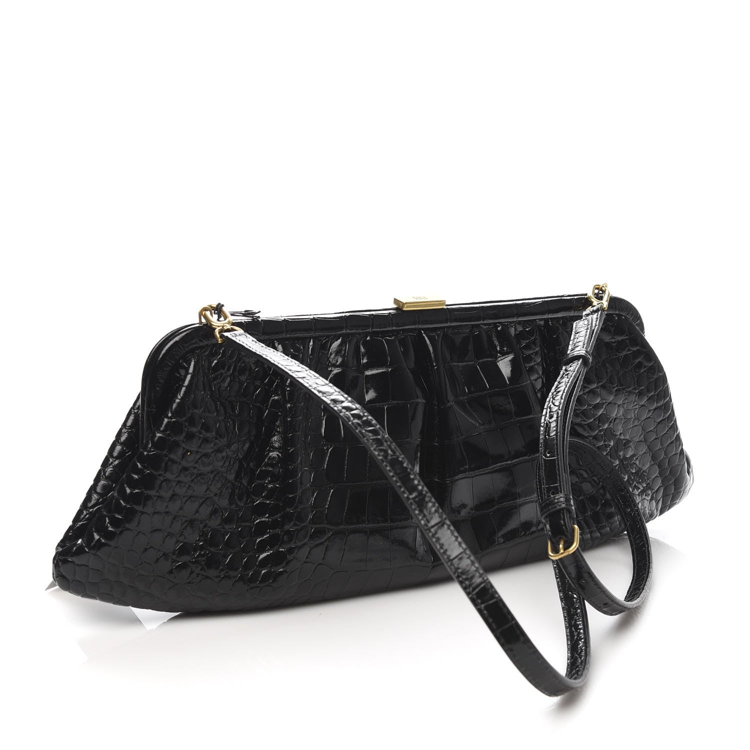 Balenciaga Shiny Supple Calfskin Logo Crocodile Embossed XL Cloud Clutch Black White 3 of 10