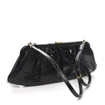 Balenciaga Shiny Supple Calfskin Logo Crocodile Embossed XL Cloud Clutch Black White 3 of 10