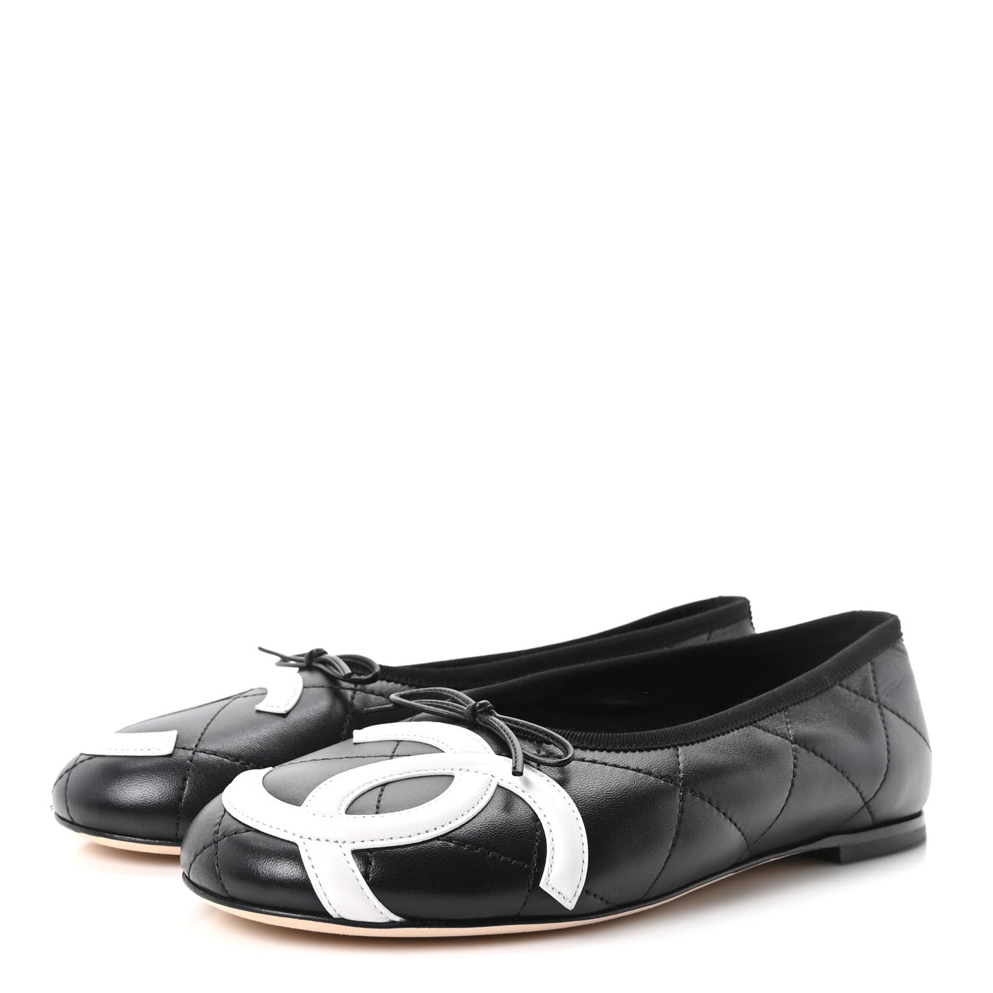Lambskin Quilted CC Cambon Ballet Flats 39 Black White
