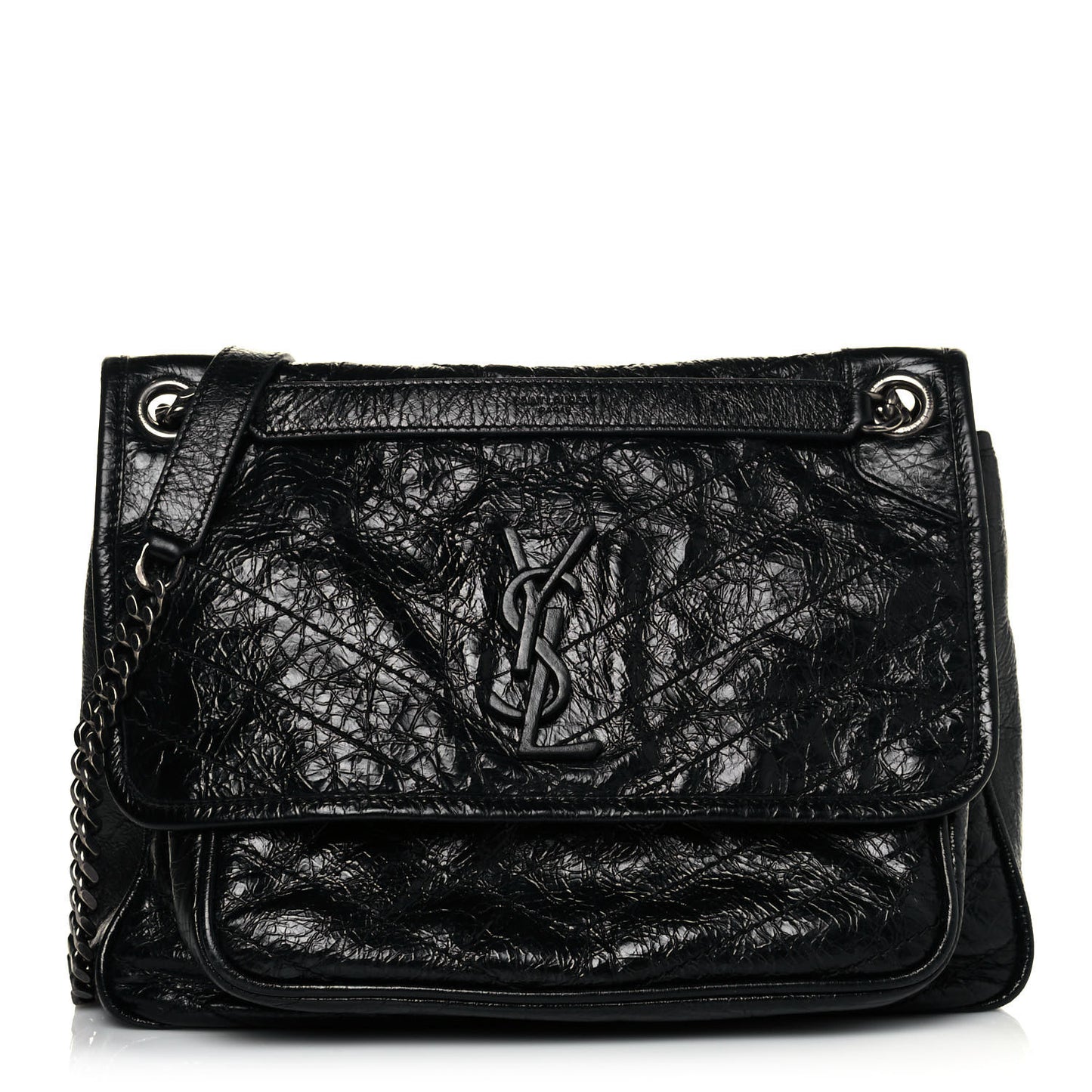 Crinkled Calfskin Matelasse Monogram Medium Niki Chain Satchel Black