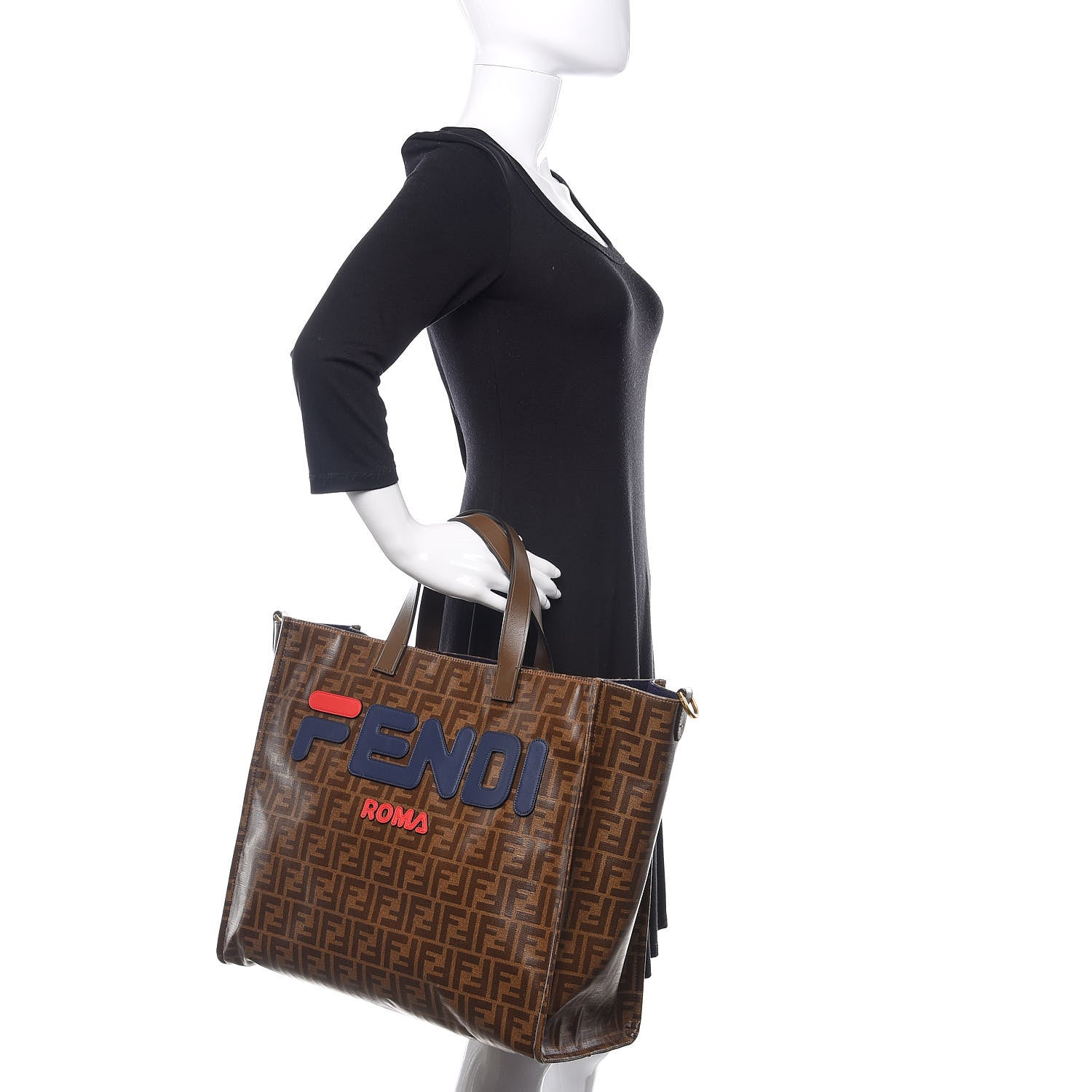 Fendi X FILA Glazed Fabric FF 1974 Mania Shopping Tote Bag Mogano Panna Blueberry 3 of 11