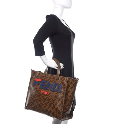 Fendi X FILA Glazed Fabric FF 1974 Mania Shopping Tote Bag Mogano Panna Blueberry 3 of 11