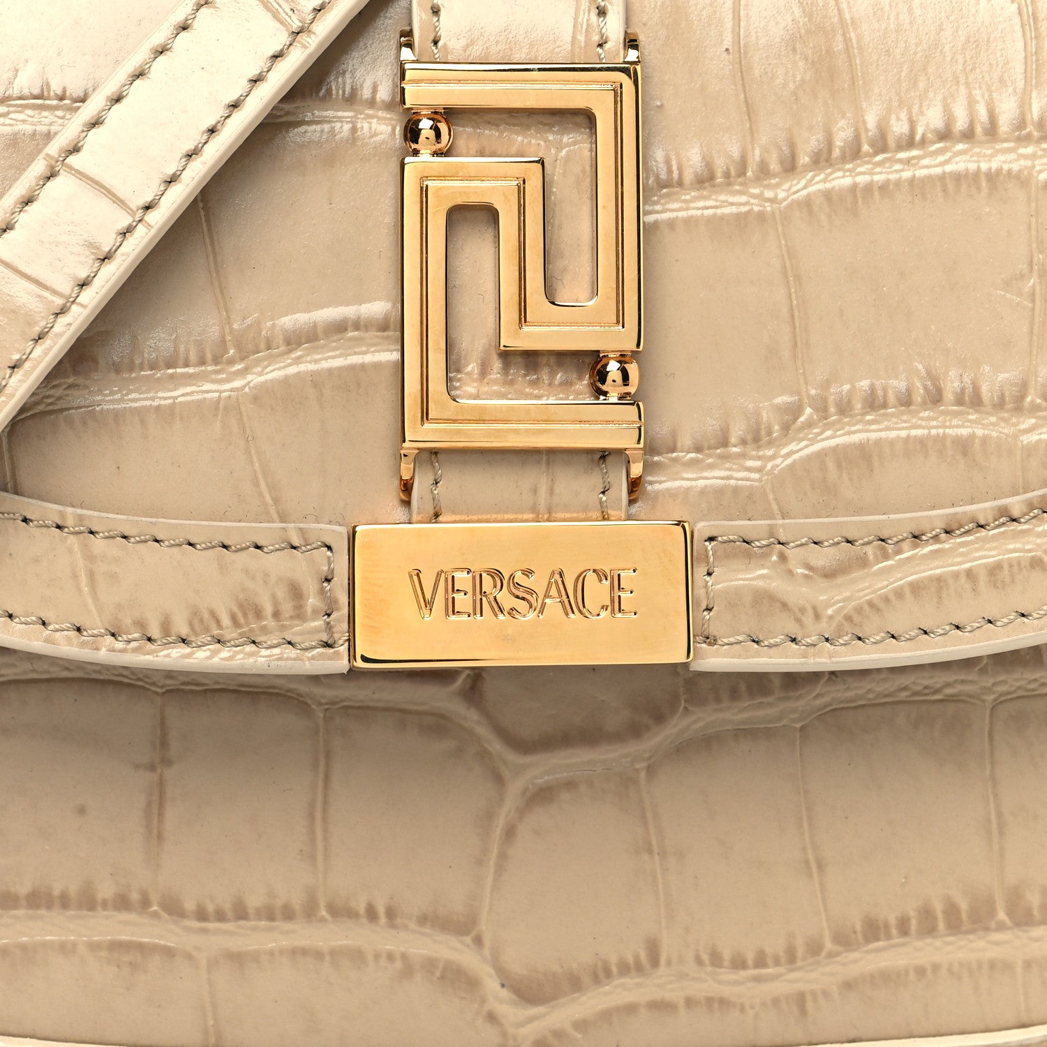 Versace Calfskin Crocodile Embossed Greca Goddess Mini Top Handle Bag Grey 7 of 9