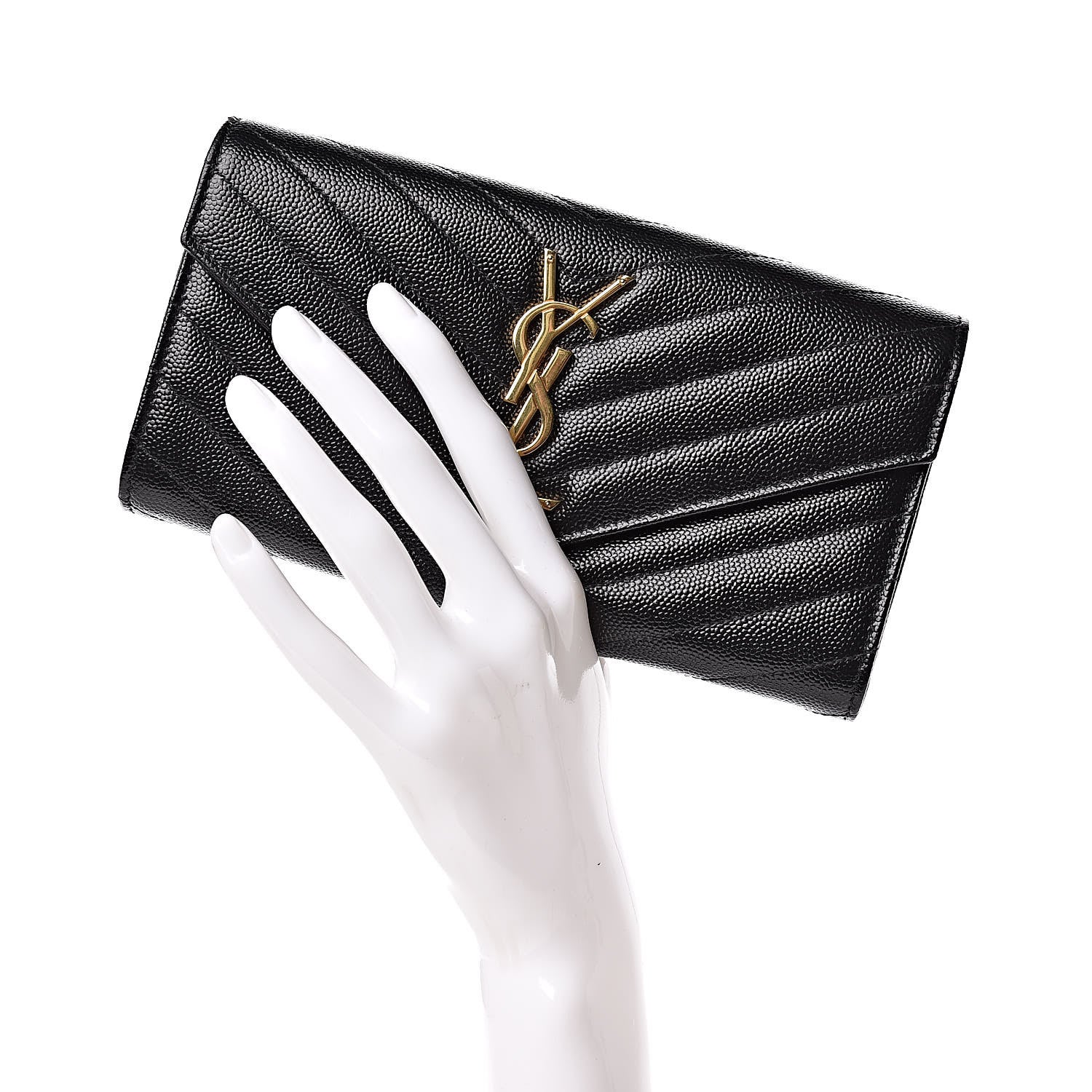 Saint Laurent Grain De Poudre Matelasse Chevron Monogram Flap Wallet Black 2 of 7
