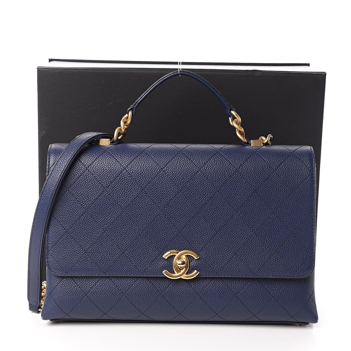 Grained Calfskin Stitched Flap Navy Blue