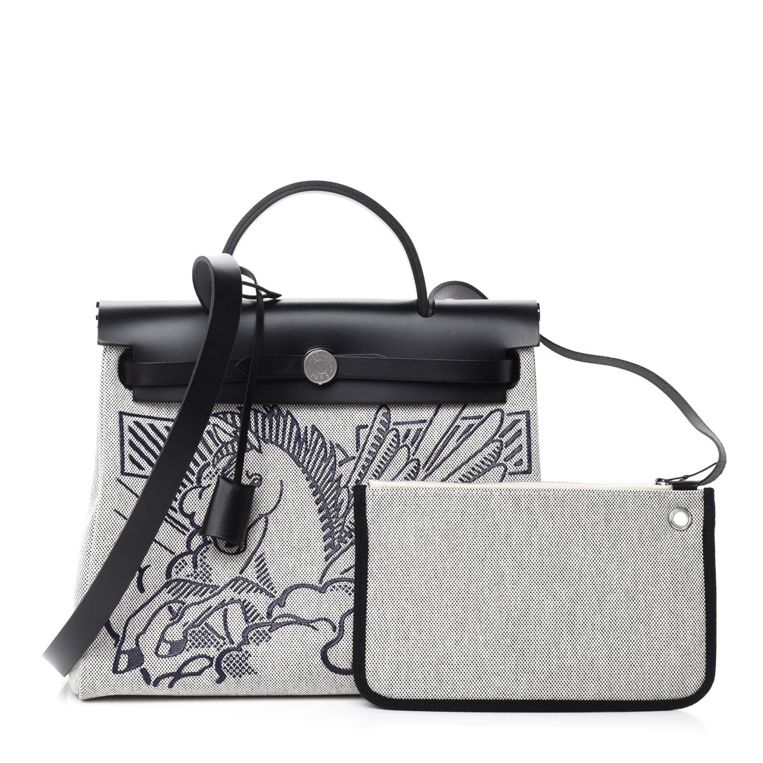 Hermes Vache Hunter Toile H Pegase Pop Herbag Zip Retourne 31 PM Bleu Indigo Ecru Black 1 of 11