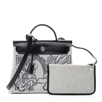 Hermes Vache Hunter Toile H Pegase Pop Herbag Zip Retourne 31 PM Bleu Indigo Ecru Black 1 of 11