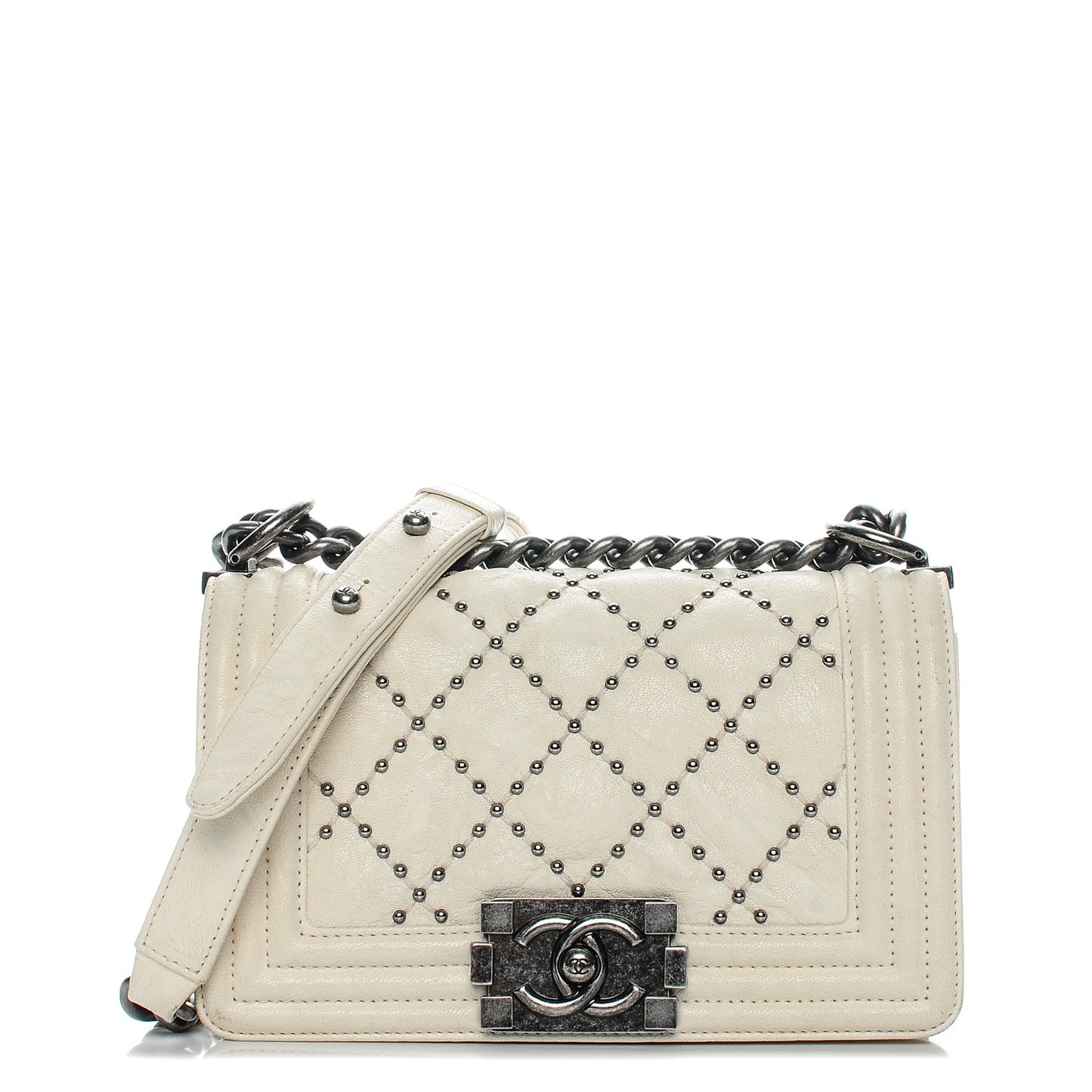 Crumpled Lambskin Small Studded Boy Flap White