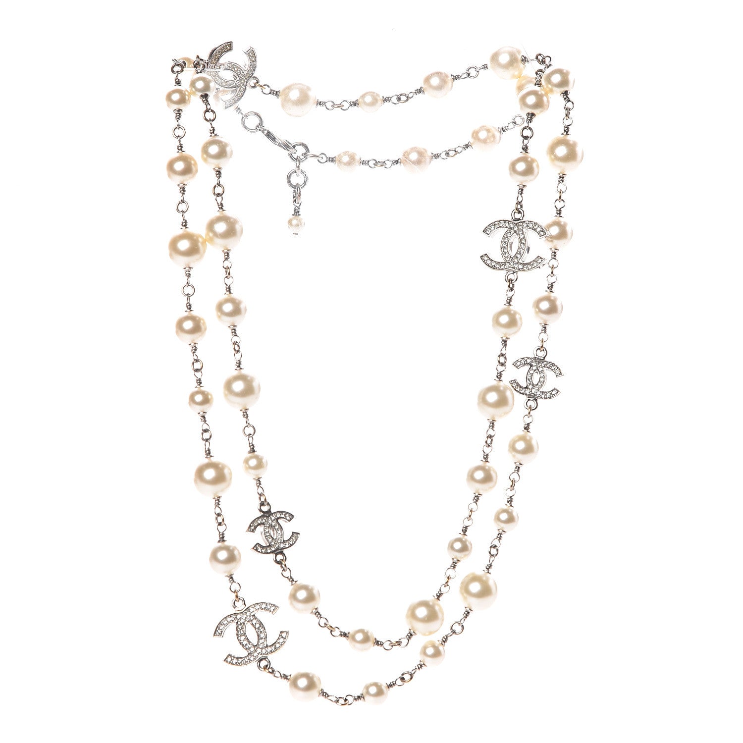 Chanel Crystal Pearl CC Long Necklace Silver 3 of 5