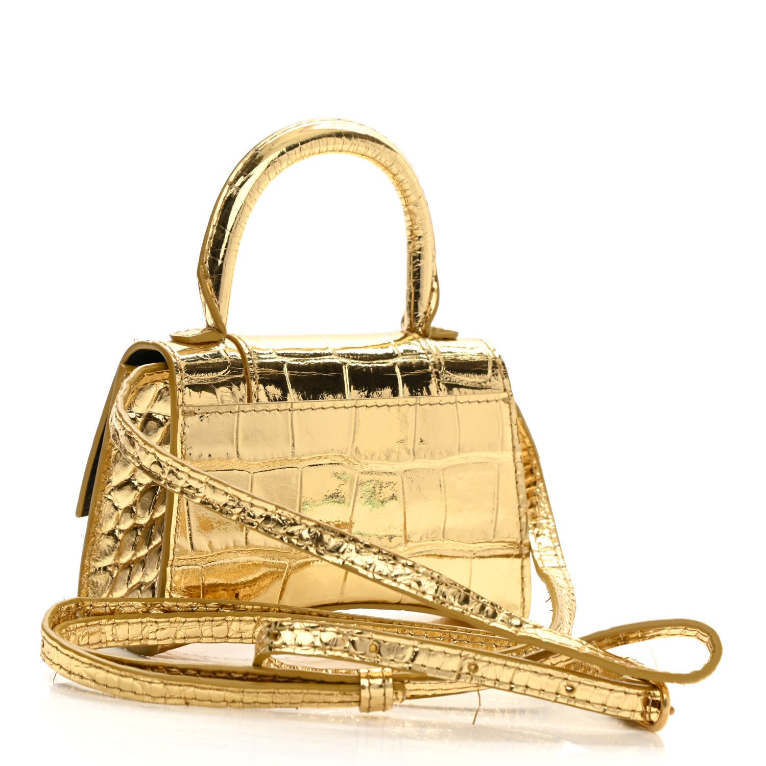 Balenciaga Metallic Calfskin Crocodile Embossed Hourglass Top Handle Bag Mini Gold 3 of 10