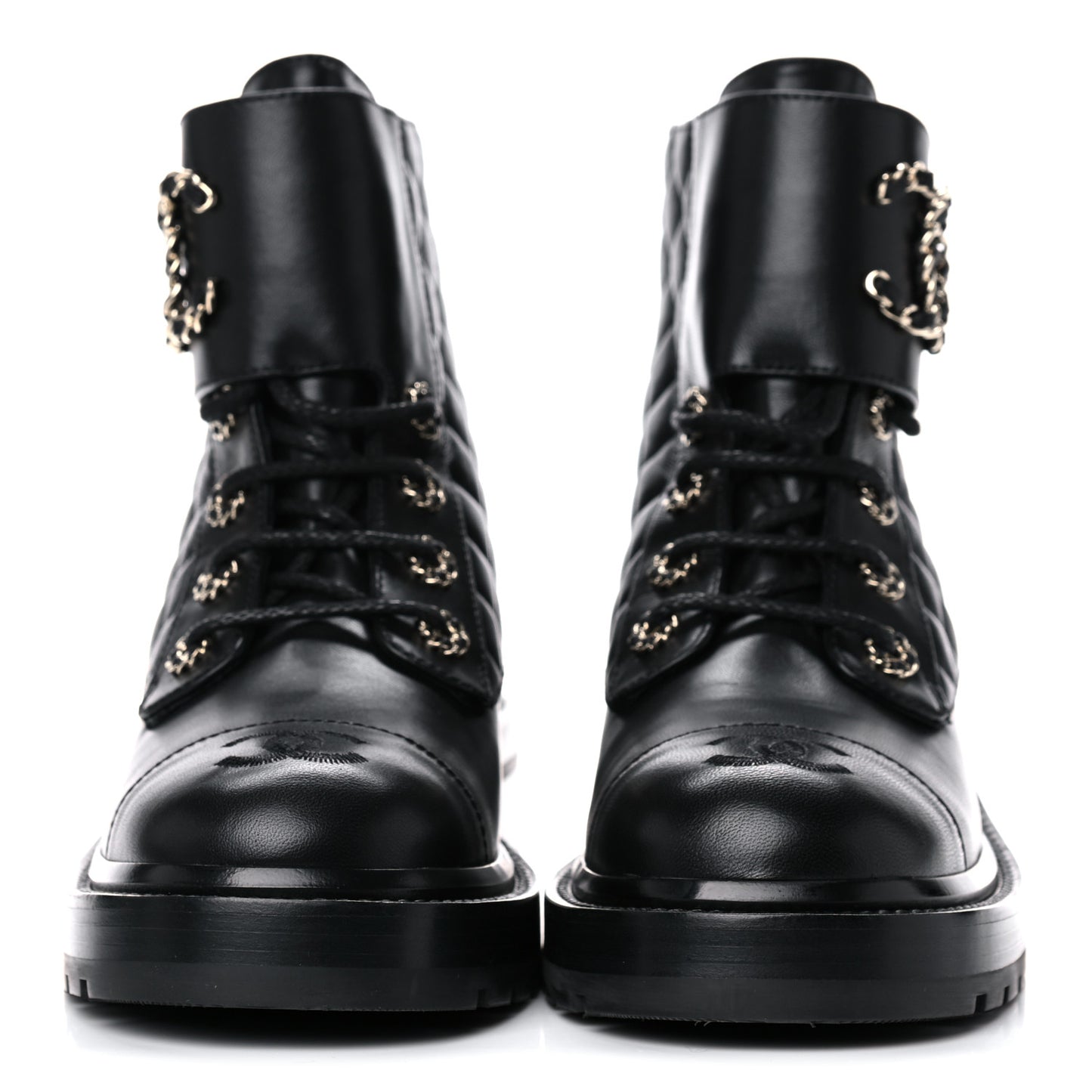 Shiny Lambskin Quilted Lace Up Combat Boots 38 Black