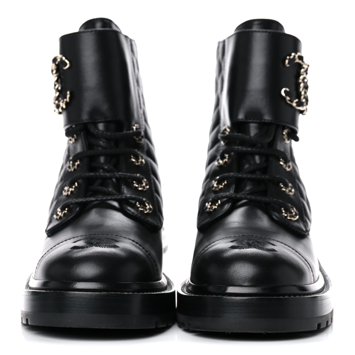 Chanel Shiny Lambskin Quilted Lace Up Combat Boots 38 Black 2 of 12